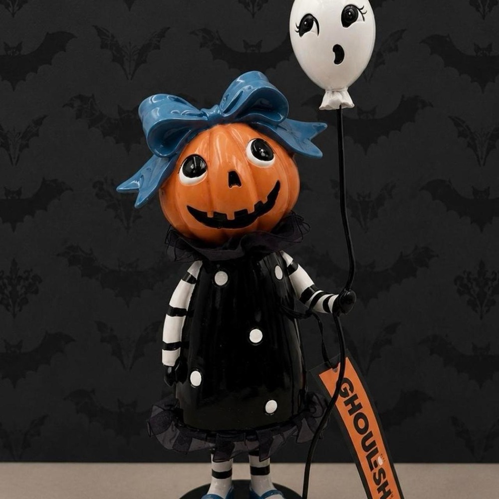 Ghoulish Vintage-Style Pumpkin Girl with Balloon & Blue Bow Halloween Carnival